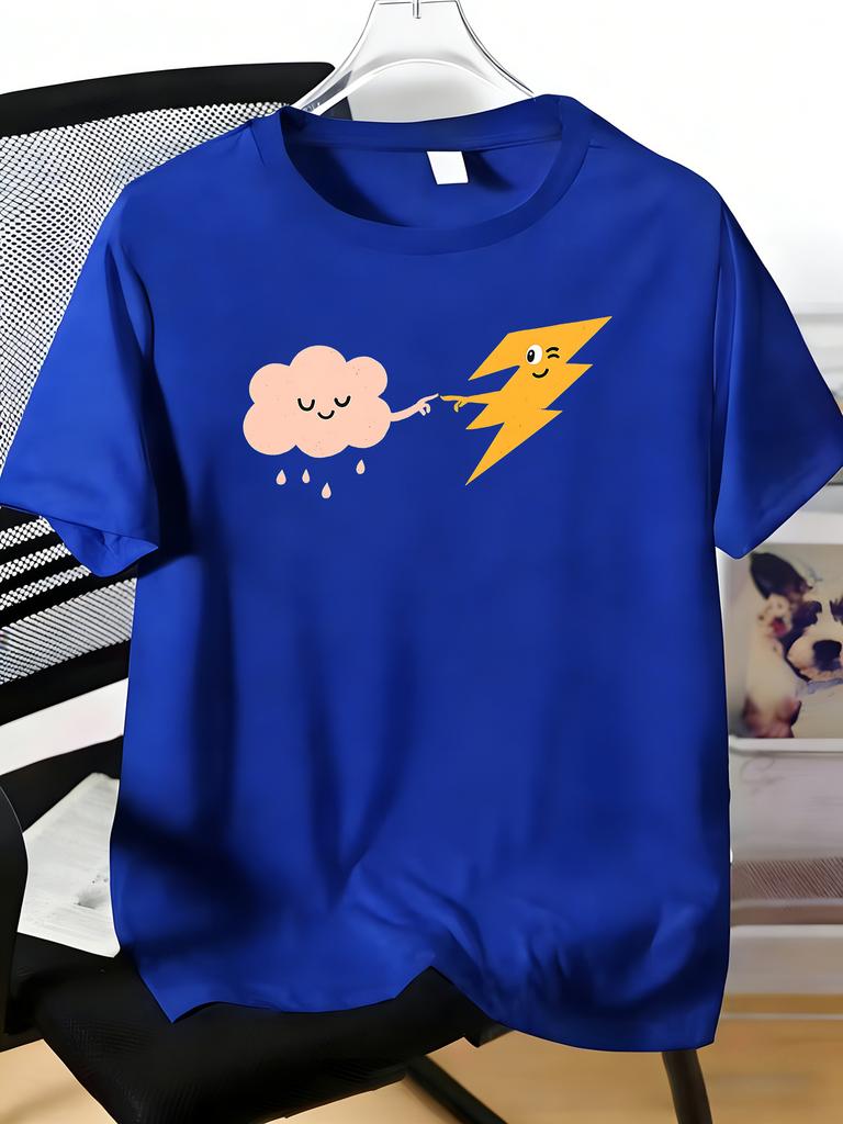 Unisexs Tee Lovely Cloud And Lightning Character Print Cotton Short Sleeve Male Casual Streetwear Outdoor Daily Basic Fashion Top