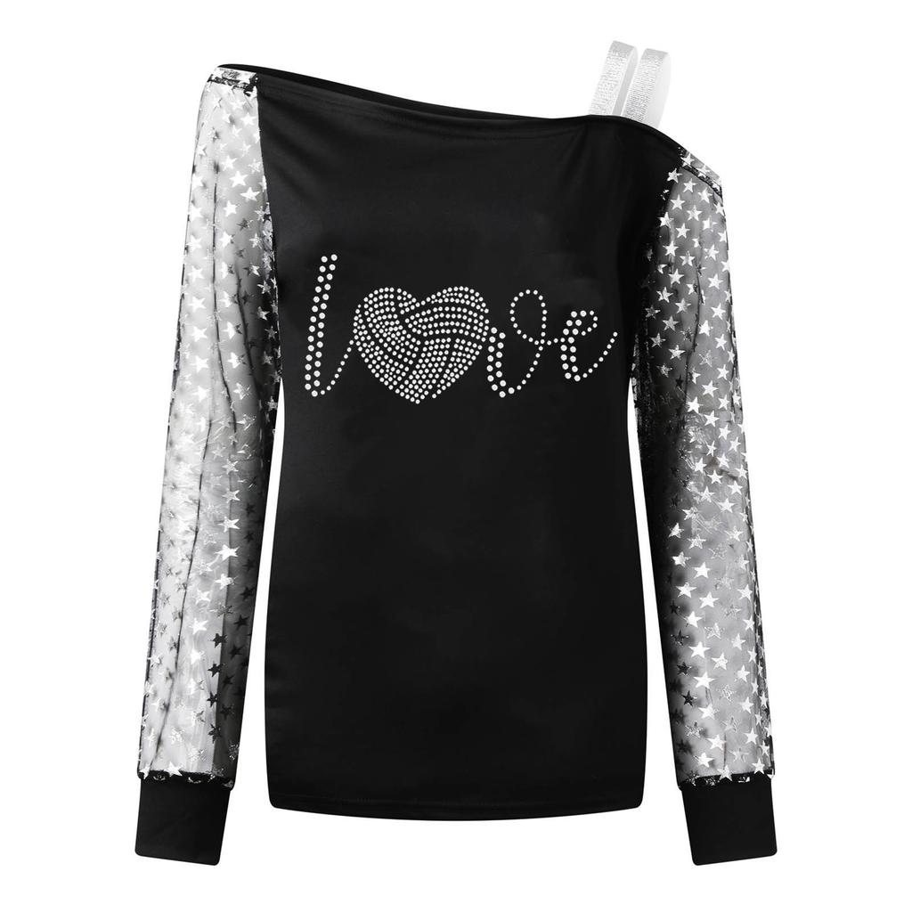 Fashion Women Sexy Mesh Stitching Leaky Shoulder Top Casual Loose Pullover Long Sleeve Tops