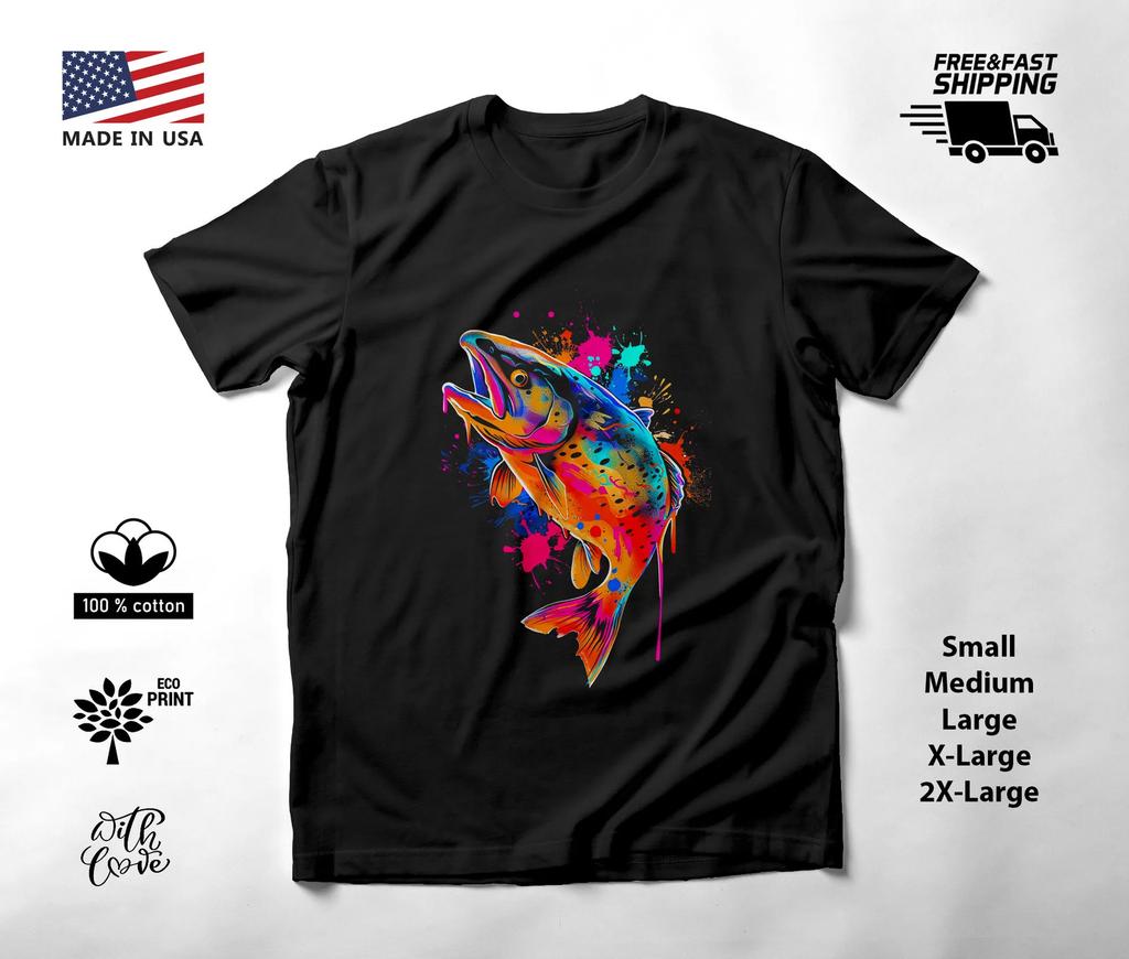 Colorful Fish Neon Graphic T-Shirt Black Unisex S-2XL