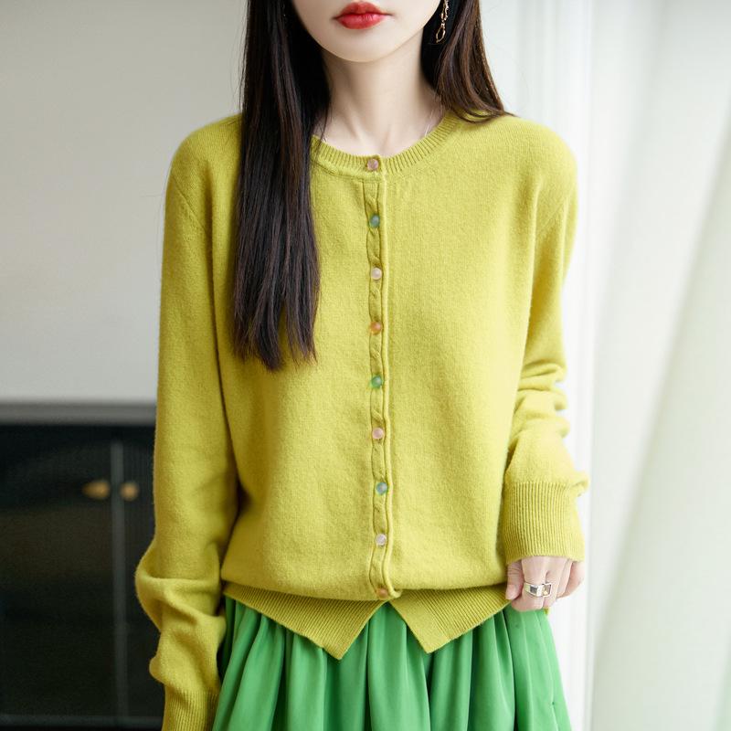 Women's Luxury Pure Wool Cardigan - Thick, Round Neck, Crystal Buttons, Autumn/Winter Style