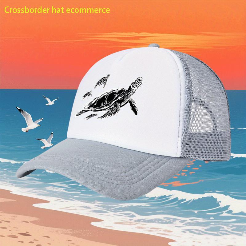 Sea Turtle Print Mesh Trucker Hat Unisex Polyester Breathable Adjustable Casual Beach Cap