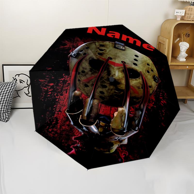 Custom Name Friday the 13th Theme Automatic Umbrella, Lightweight & Portable, 8 Rib, Perfect for Outdoor Travel, Birthdays, Christmas, Gifts.