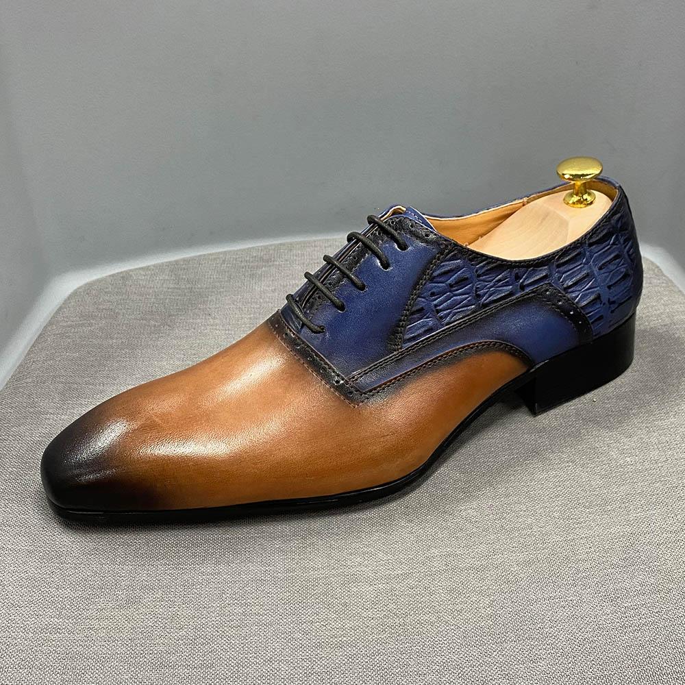 Mens Formal Shoes Genuine Cow Leather Oxford Shoes Brown Blue Mixed Color for Men Dress Wedding Shoes Lace Up Luxury Formal Shoe