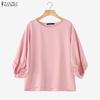 ZANZEA Blouse Décontractée à Col Rond et Manches 3/4 de Couleur Unie pour Femmes