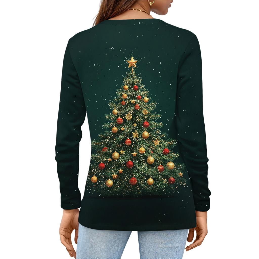 Women's Fashion Casual Slit Hem Round Neck Long Sleeve Loose Christmas Printed T-Shirt Ladies Top