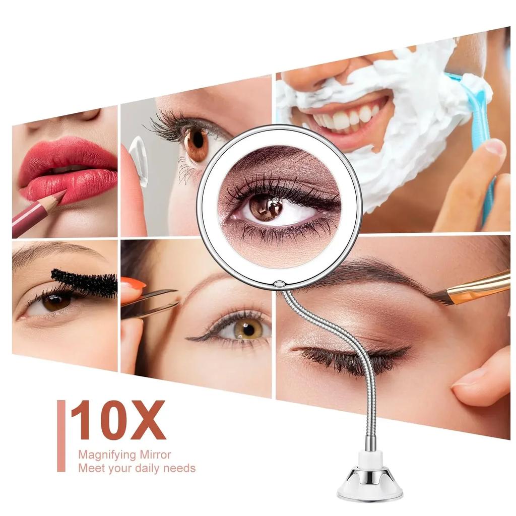 Flexibilní kosmetické zrcátko s LED světlem, 10násobné zvětšovací kosmetické zrcátko s přísavkou, rozptýlené světlo, otočné o 360 stupňů