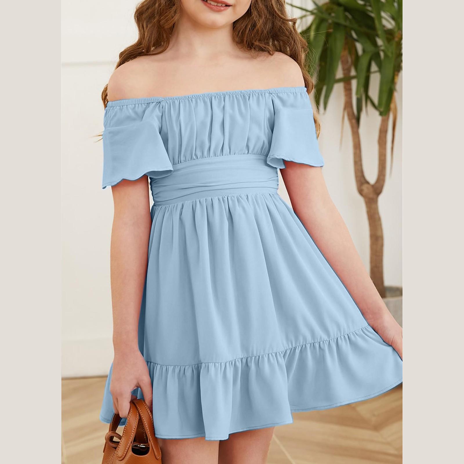 

Летнее платье для девочек - Сарафан с открытыми плечами и оборками 130