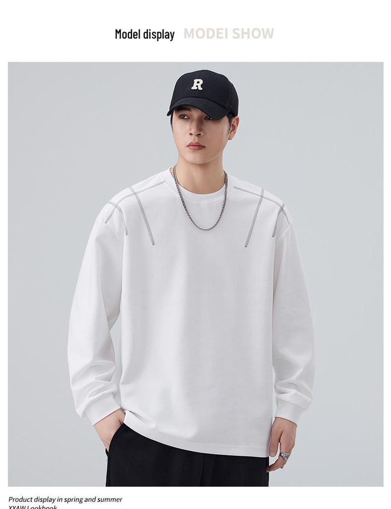 Mu Qiu Menswear | 2026 Spring Trend: Men's Loose Fit Round Neck Long Sleeve T-Shirt with Contrast Stitching