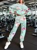 Europe And The United States New Fashion Leisure Sports Hooded Flower Print Sweater Set