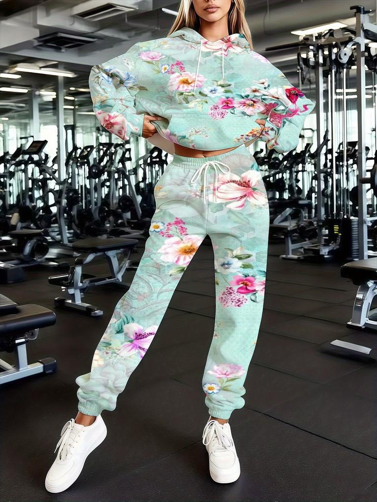 Europe And The United States New Fashion Leisure Sports Hooded Flower Print Sweater Set