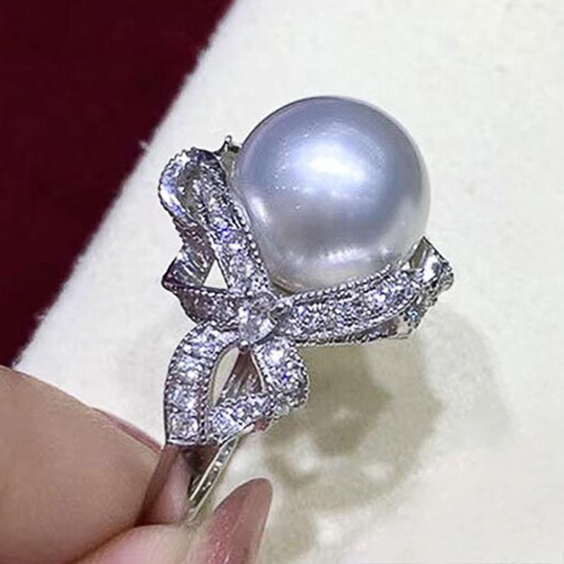Gorgeous Aesthetic Simulated Pearl Ring Women Luxury Graceful Finger Jewelry for Wedding Party Shiny Zirconia Accessories