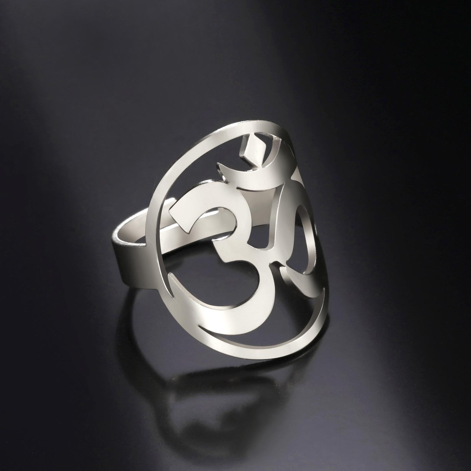 LIKGREAT OM Symbol Buddhism Yoga Ring For Women Stainless Steel Indian Hindu Open Rings Supernatural Spiritual Amulet Jewelry resizable