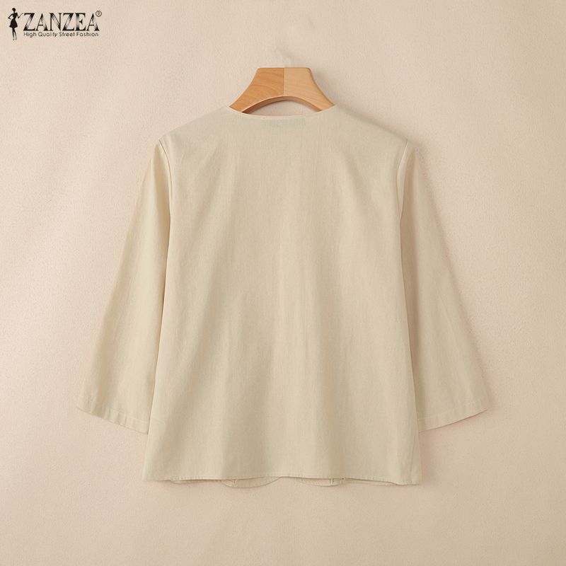 ZANZEA Women Casual Round Neck Solid Color 3/4 Sleeve Cotton Blouse