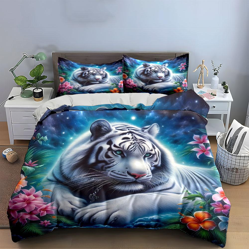 White Tiger with Tropical Flowers Bedding Duvet Cover Set  (1*Duvet Cover 2*Pillowcases, Without Duvet Insert)