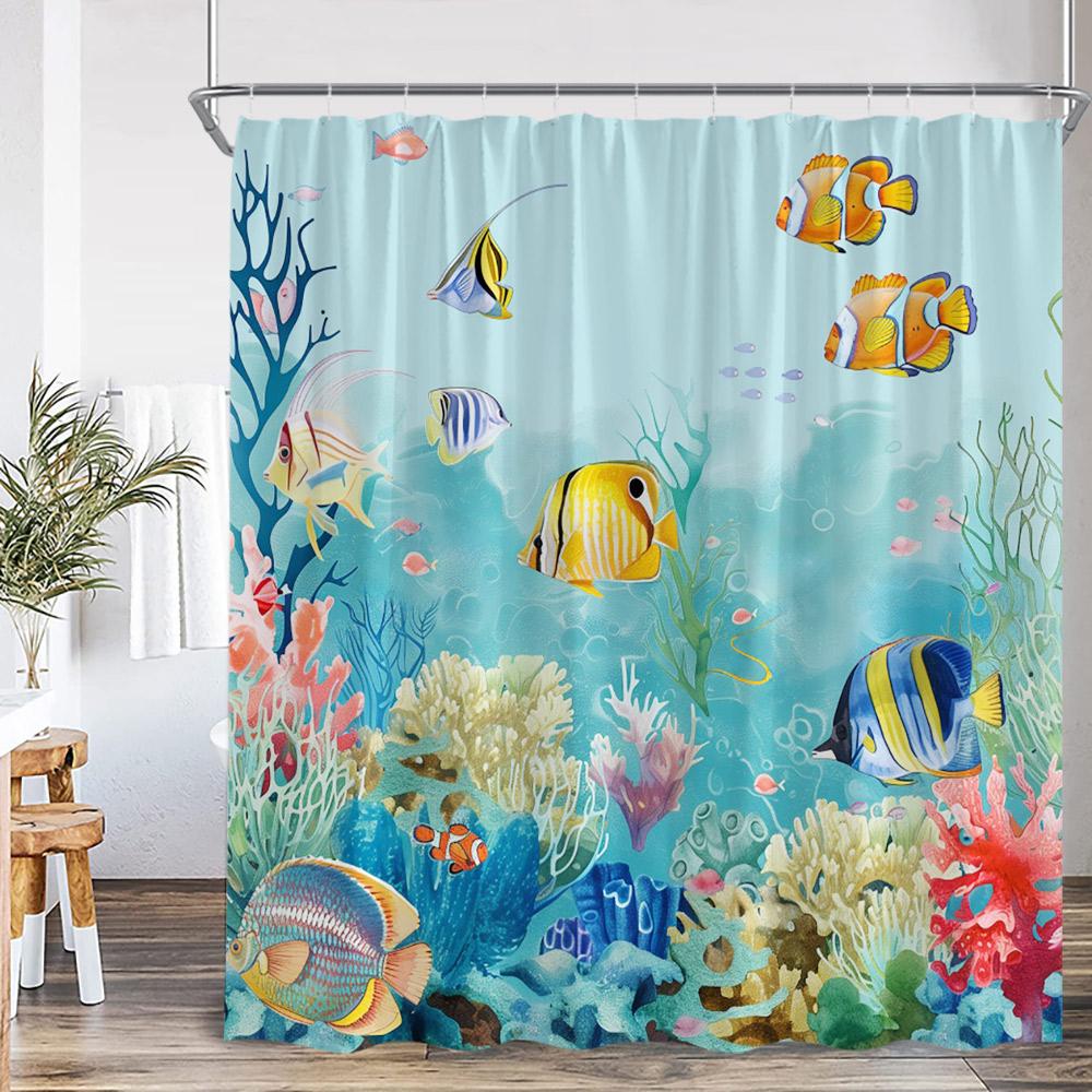Undersea Cartoon Shower Curtain Sea Turtle Coral Seaweed Tropical Fish Ocean Bathroom Decor Polyester Fabric Bathtub Curtain