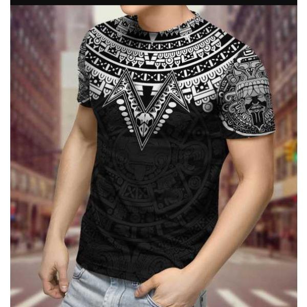 Summer Round Neck 3D Aztec Inspired Pattern Print Top Fashionable Casual Short Sleeved Men's T-shirts