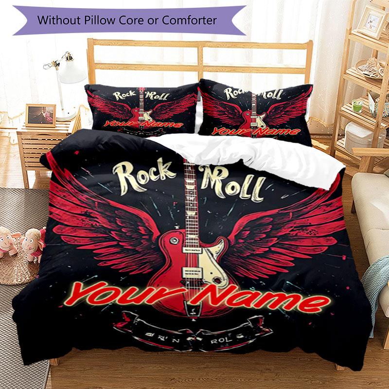 3PC Custom Name Rock 'n' Roll Wings Bedding Set Duvet Cover Closure Includes 1 Duvet Cover & 2 Pillowcases for Bedroom