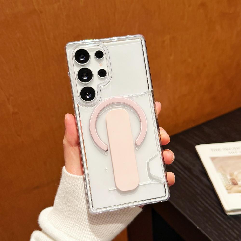 

Прозрачный противожелтый чехол из ТПУ+ПК для Samsung Galaxy S26 25 S24 Ultra Plus Магнитная подставка-держатель для карт Противоугонная крышка для беспроводной зарядки Galaxy S26 Ultra розовый