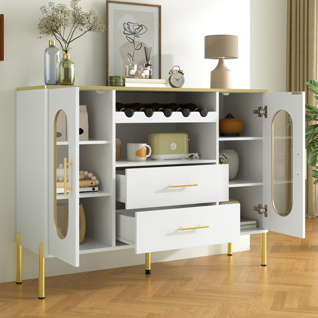 White Sideboard, Glass Fronts & Wine Rack – Sideboard for Dining Room & Living Room – Adjustable Foot – Plenty of Storage & Modern Design