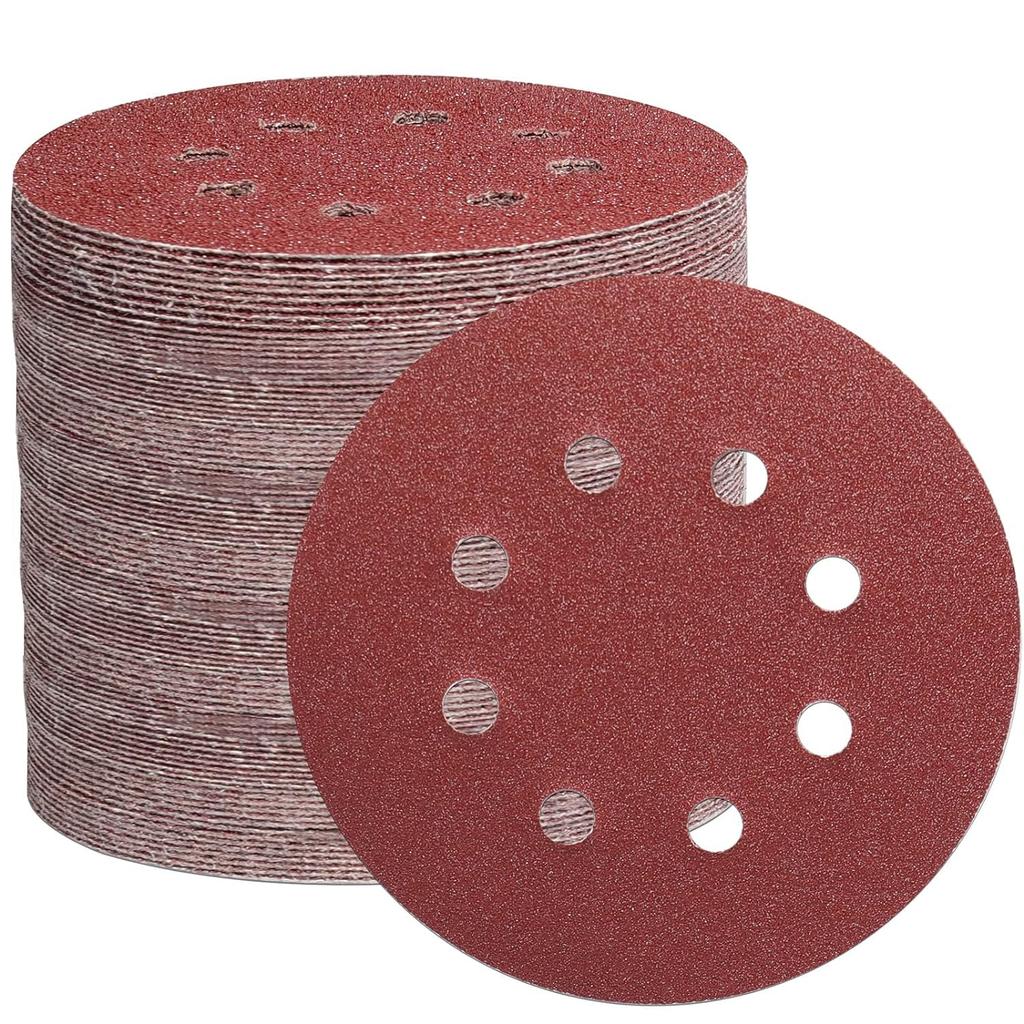 STEBREAM Sandpaper and Sanding 100 Sandpaper Set for Electric Woodworking Metal Jewelry Polishing Red Discs, 125mm, 8-Hole, Round, Pieces, #60 Grit,