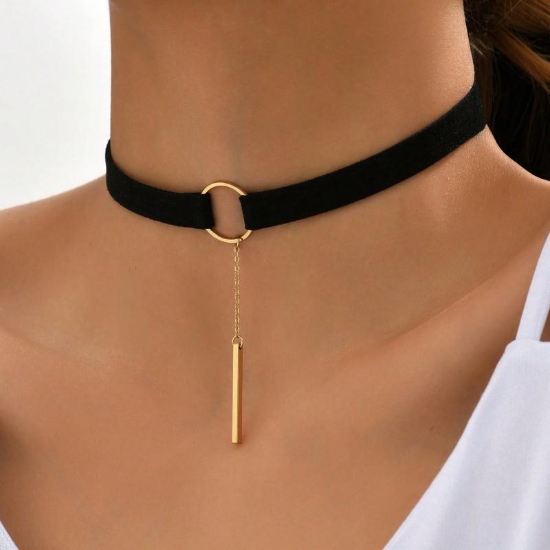 1pc Black Faux Suede Fabric Circular Choker With Stick Pendant & Chain For Women Gothic Summer Necklace