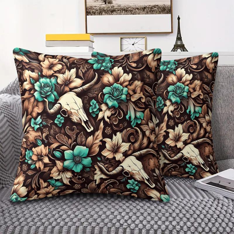 Vintage Western Cow Skull Throw Pillow Boho Sunflower Turquoise Print Decorative Cushion For Sofa Bedroom Living Room Cushion