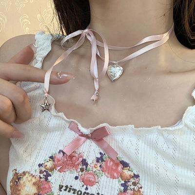 Y2K Pink Rope Tied Peach Heart Pendant Necklace For Women  Retro Sweet Harajuku Necklace Charm Jewelry Gift