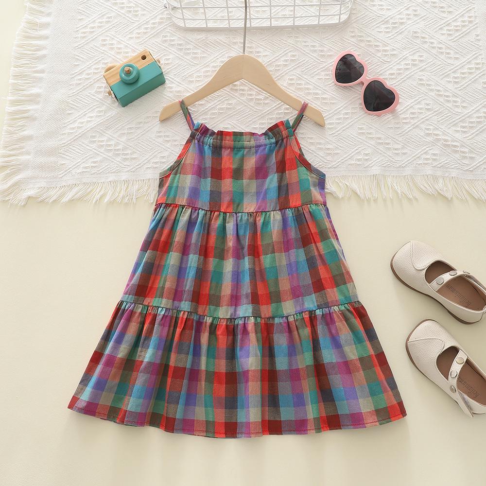 Korean-Style Girls' Summer Plaid Strappy Dress - Colorful and Stylish