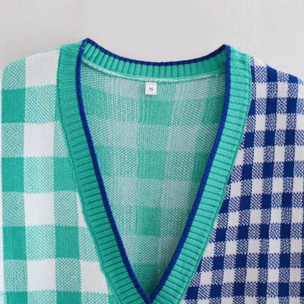 Women's INS Cross-Border Color Block Cardigan Sweater