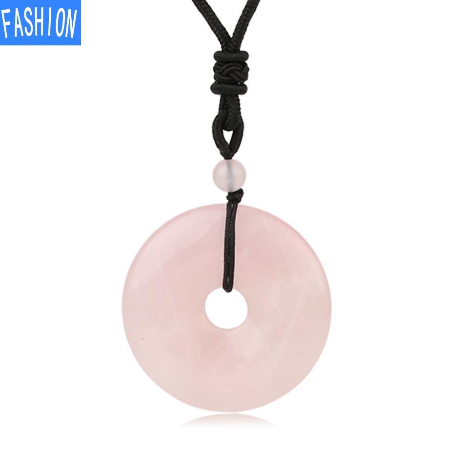 Creative European And American Natural Stone Nostalgic Concentric Ring Safety Clasp Pink Crystal Sweater Necklace