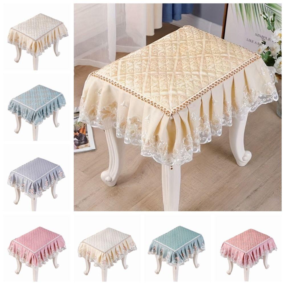 Floral Pattern Makeup Stool Cover Lace Edge Ruffled Stool Cushion Cover Full-Coverage Non-Slip Elastic Stool Slipcover