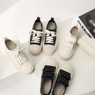 Platform Biscuit Shoes Leather Little White Shoes Women's Lychee Pattern Velcro Platform Casual Shoes Women's Versatile Student Board Shoes