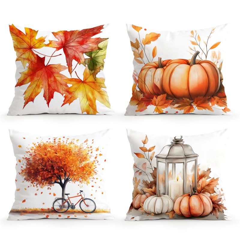 Home Decor Autumn Leaves, Pumpkins & Lanterns Pillow Covers Pattern Cushion Cover Suitable For Sofa Bedroom Car Pillow Cover