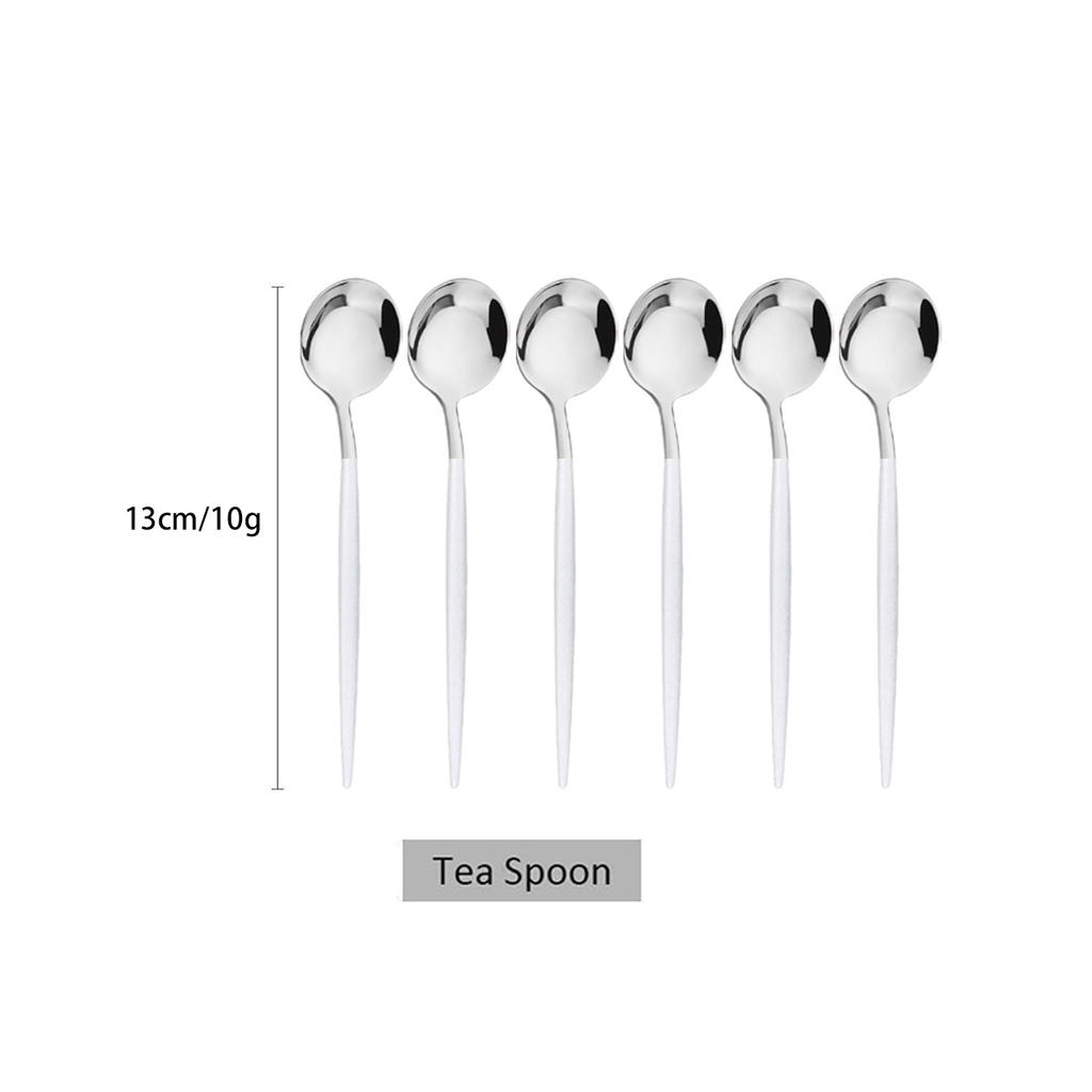 6Pcs White Silver Cutlery Set Stainless Steel Dinnerware Tableware Dessert Knife Forks Long Handle Spoon Coffee Spoons Flatware