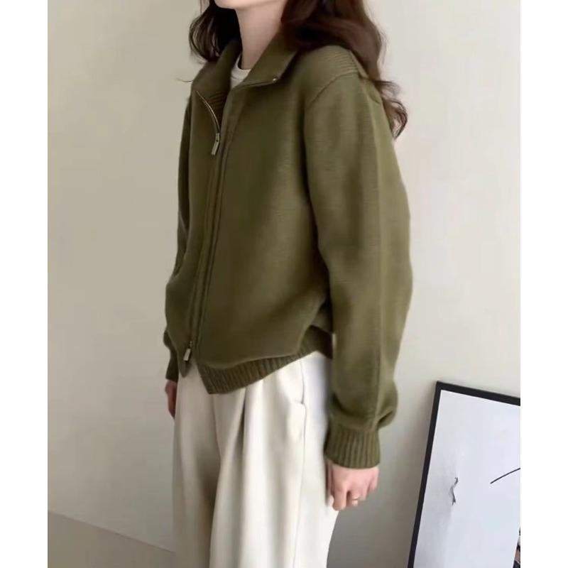 Modischer Strickmantel mit Stehkragen und Doppelreißverschluss für Damen, einfarbig, lässiger Strickcardigan im koreanischen Stil, Herbst Winter Pullover