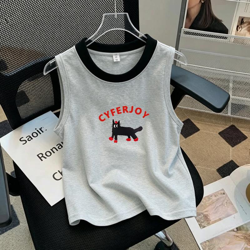 Korean Style Color Block Sleeveless Cotton Vest T-Shirt for Girls (Ages 6-12)