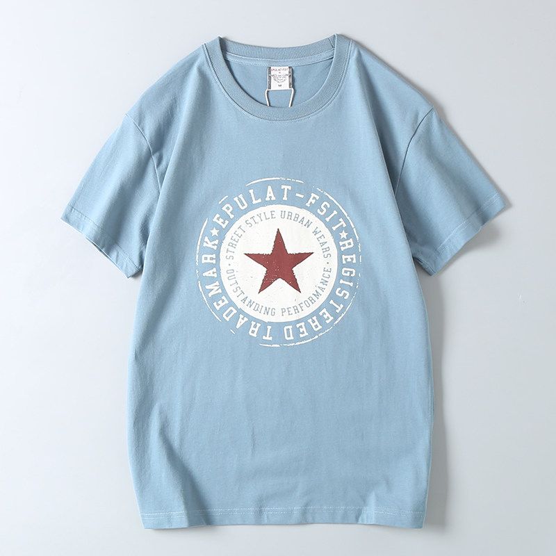 Foreign Trade Export Surplus Comfortable All-Cotton Summer New Men's Fashion Round Neck Five-Pointed Star Print Short-Sleeve T-Shirt