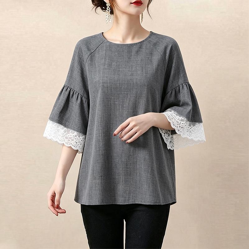 ZANZEA Women Casual Round Neck Lace Splice Half Sleeve Blouse M