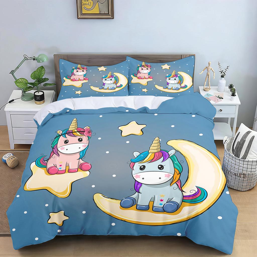 Cute Flowers Rainbow Unicorn Couple Bedding Set Pink Hearts Duvet Cover Pillowcase For Girls Bedroom Decor