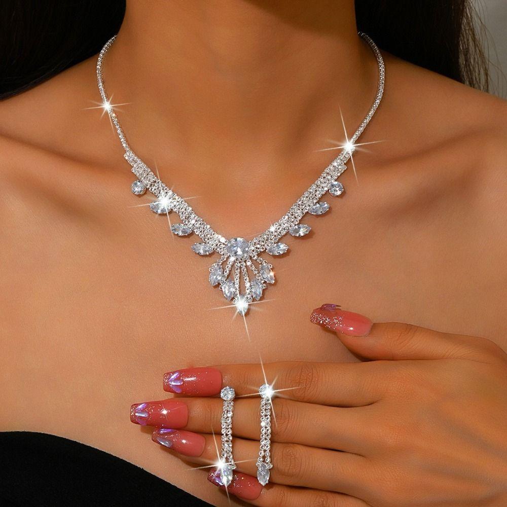 Fashion Stud Earrings Collarbone Chain Set Rhinestones Inlaid Bridal Wedding Jewelry  Engagements