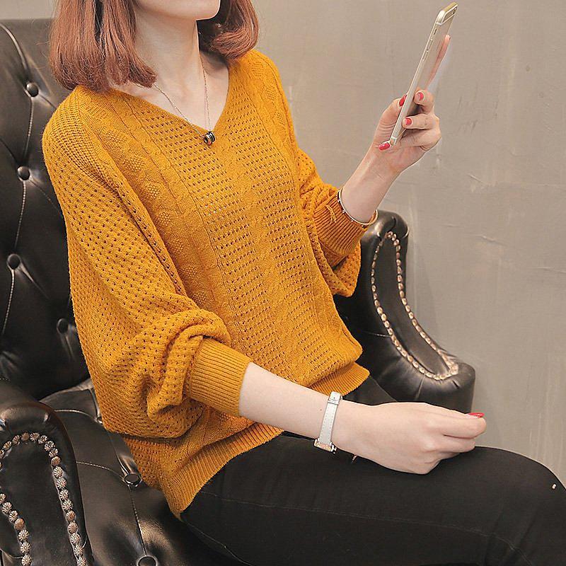 Autumn and Winter Women's Bat Shirt Loose Pullover Knit Top Hollow Lantern Sleeve Knit Sweater Women's Jacket