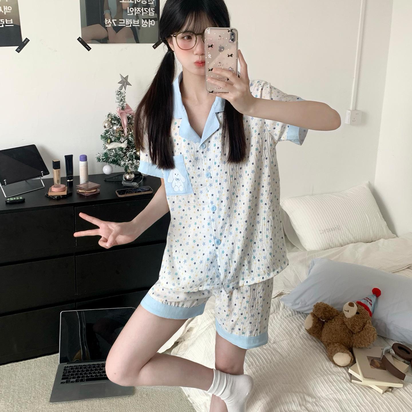 

Women s Cotton Pajama Set - Sweet and Cute with Small Lapel and Double Short Sleeves, Dobby Cloud Design XL-2XL