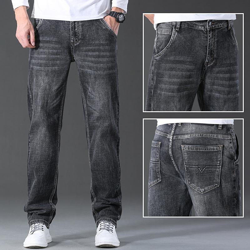 Men's jeans straight leg loose trendy youth pants men's business elastic youth four-season trousers