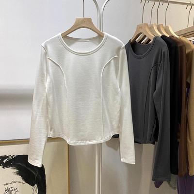 Short Fish Bone Long-sleeved T-shirt for Women's Autumn and Winter with German Velvet Warm Slim-fit Shirt and Top