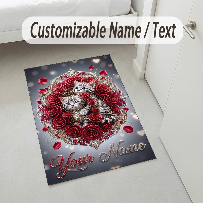Cat Theme Crystal Velvet Rug Personalized Custom Name Text Soft Floor Mat Home Decor