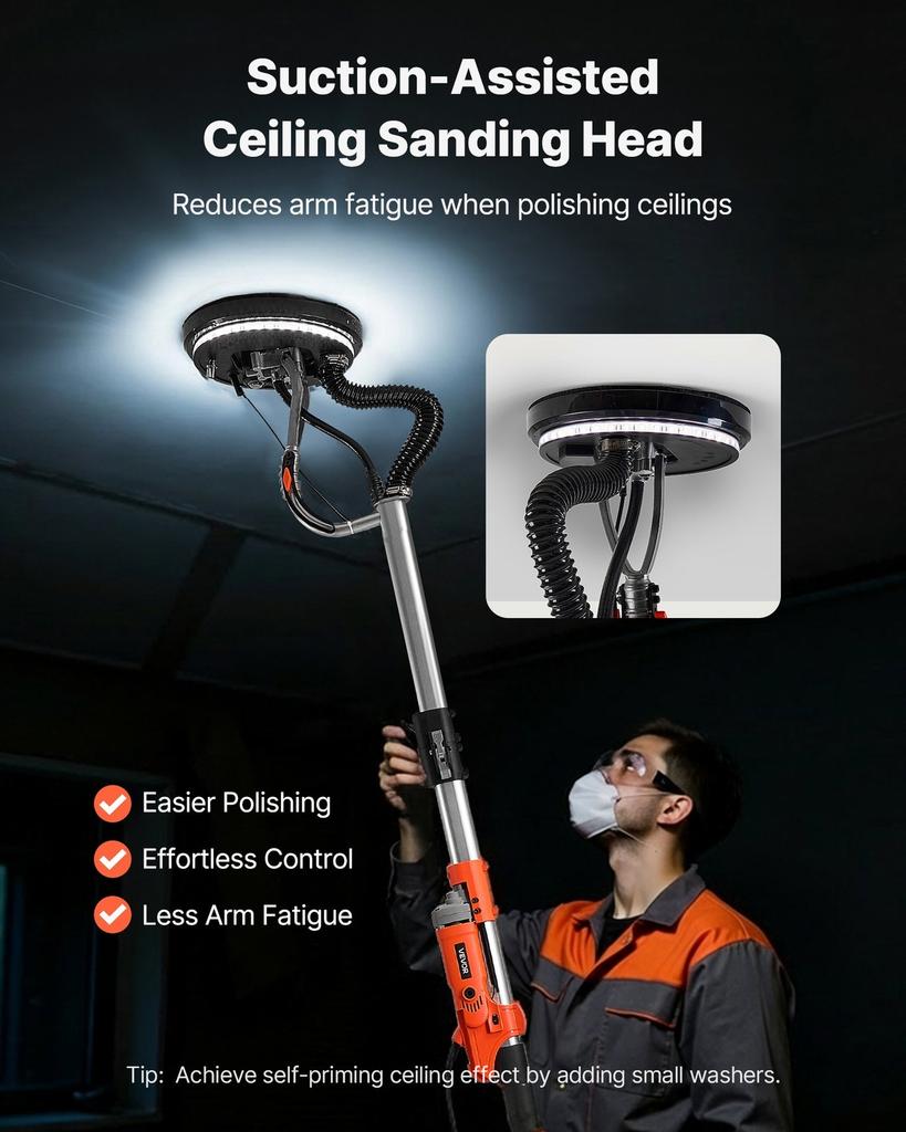 Drywall Sander, 1010W Electric Drywall Sander, Popcorn Ceiling Removal Tool with 7 Variable Speed 1000-2200 RPM, Double-Deck LED Light, Foldable &