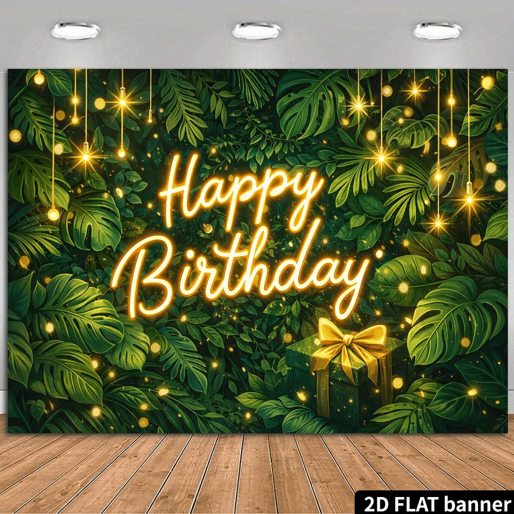 2D Vlak 1 Stuk 2D Vlak Banner Fijne Verjaardag Thema Decor Achtergrond Groen Tropisch Patroon Gouden Lichten Groene Cadeaubox Gouden Vlinder Voor