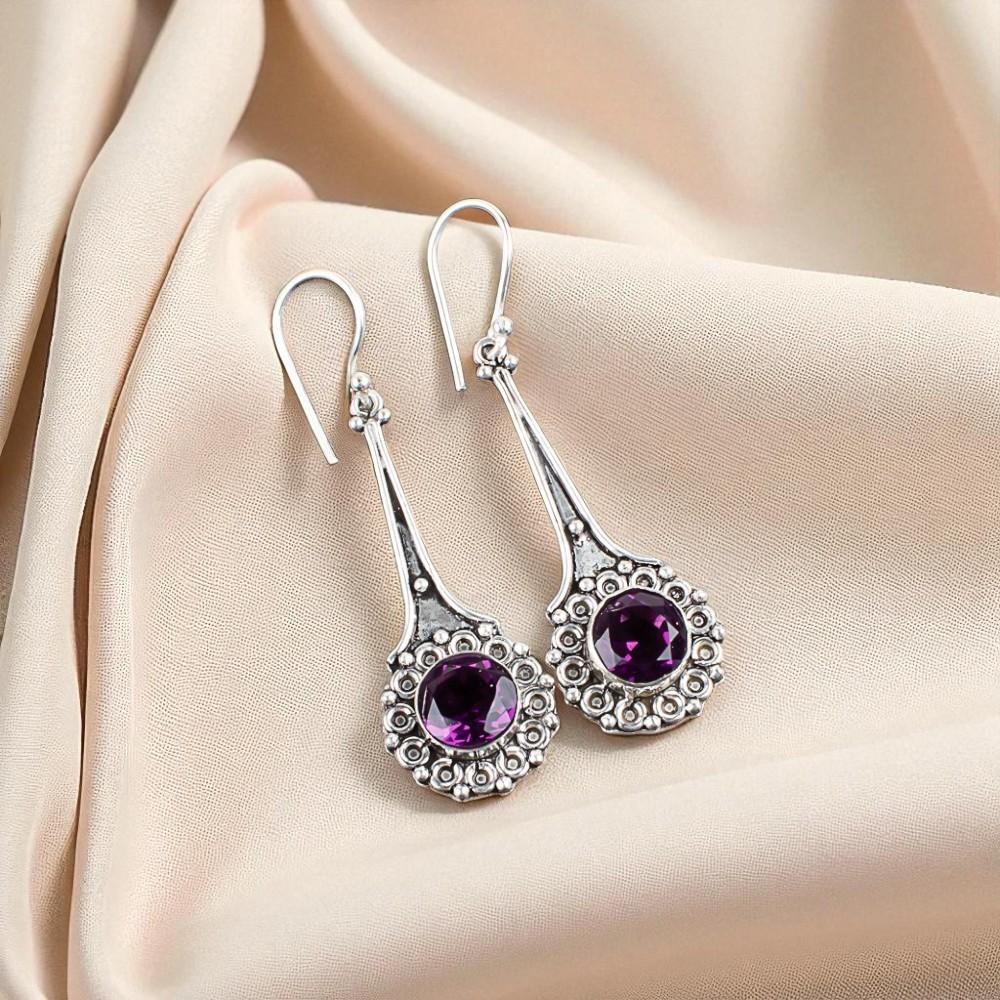 African Amethyst Gemstone 925 Sterling Silver Jewelry Handcrafted Earrings 2.52" EE-77-5