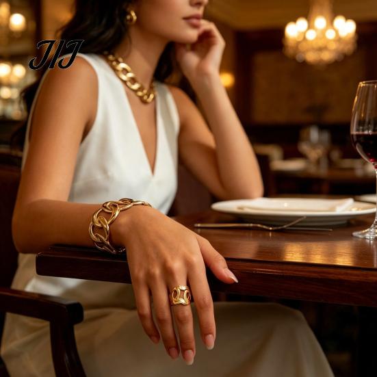 Minimalist Golden Plated Jewelry 2Pcs Hollow Twisted Statement Set, Open Adjustable Cuff Bangle Iron Wrist & Wide Ring, Metal for Women Non Tarnish