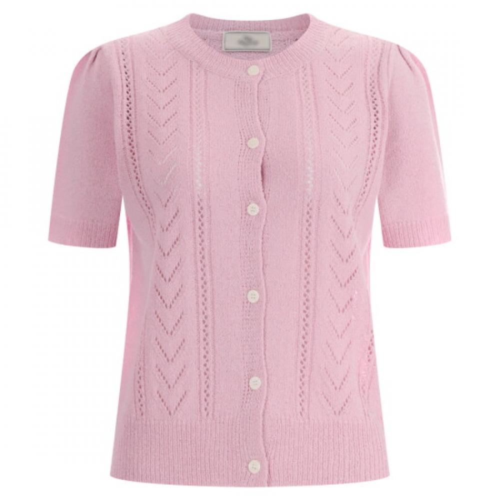 Shop Women Button Open Puff Sleeve Short Sleeve Knit Cardigan Pink Bom Wcd 120